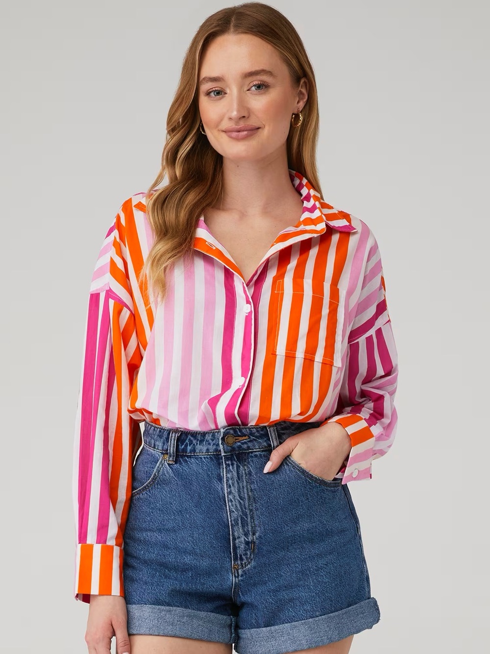 Beach Riot Alexa Stripe Lightweight Cotton Button Down Sunset Size S/M